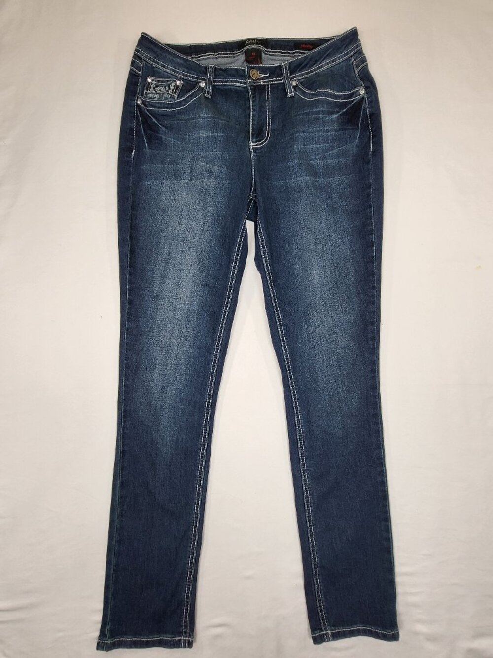 Earl Jean Women's Size 10 Skinny Jeans Embellished Flap Pockets Dark Stretch